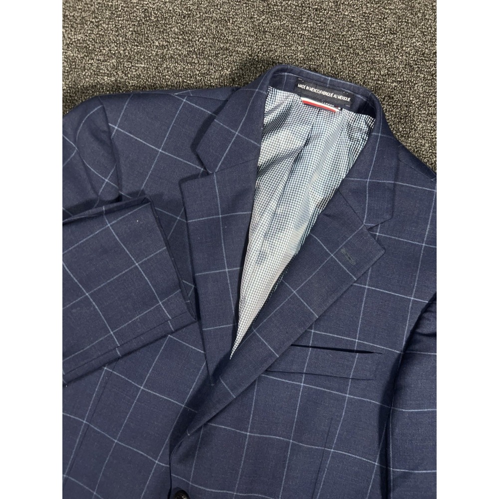 Tommy Hilfiger Blazer Jacket Men's 38S Navy Blue Windowpane Check Wool Modern